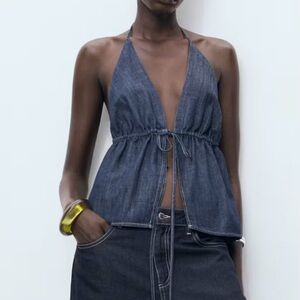 NWT Mango V-Neck Denim Top with Front Tie